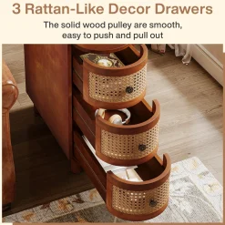 Wood End Table, 3-Drawer Side Table NightStand with 3 Rattan Drawers