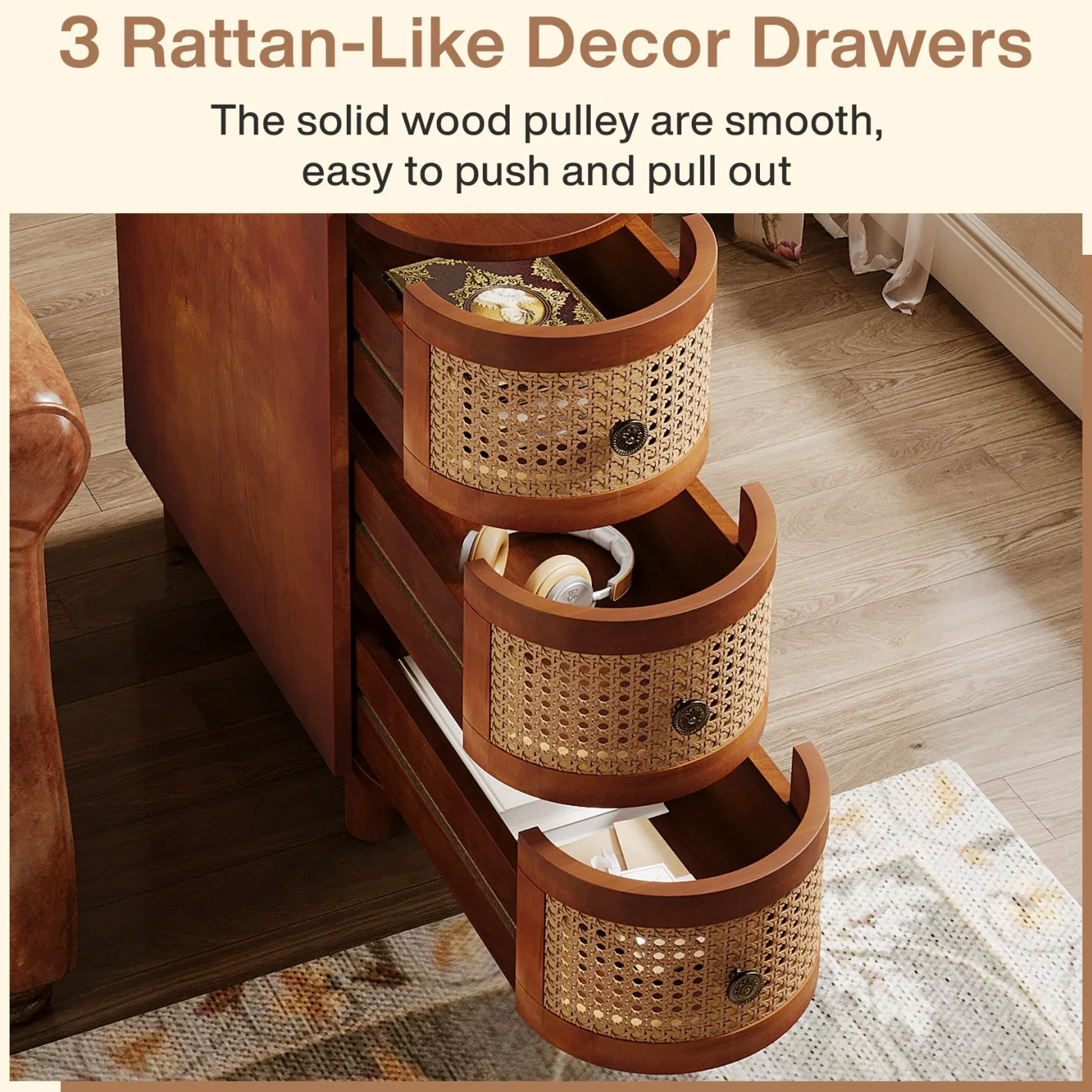 Wood End Table, 3-Drawer Side Table NightStand with 3 Rattan Drawers