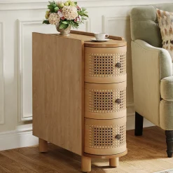 Wood End Table, 3-Drawer Side Table NightStand with 3 Rattan Drawers