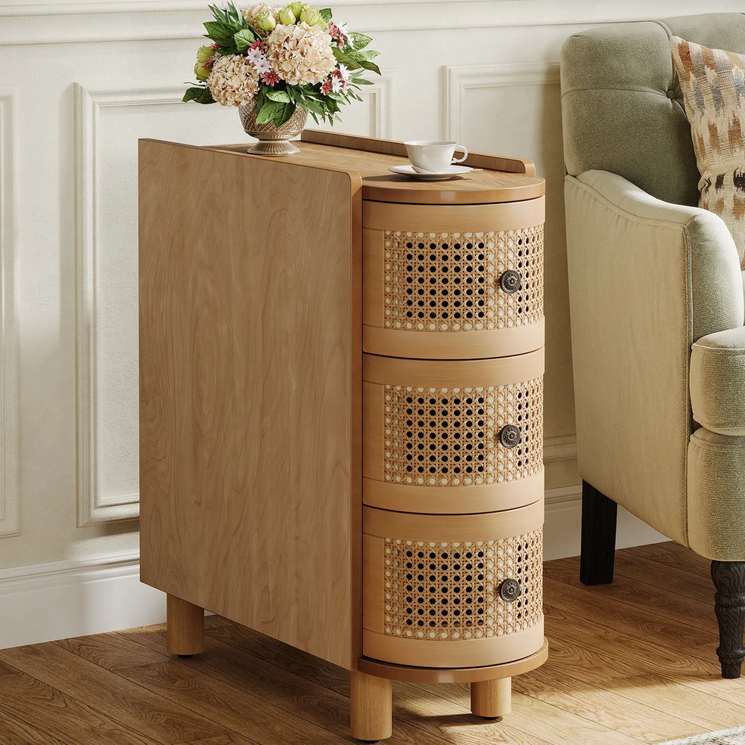 Wood End Table, 3-Drawer Side Table NightStand with 3 Rattan Drawers