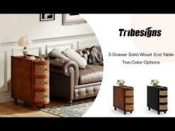 Wood End Table, 3-Drawer Side Table NightStand with 3 Rattan Drawers