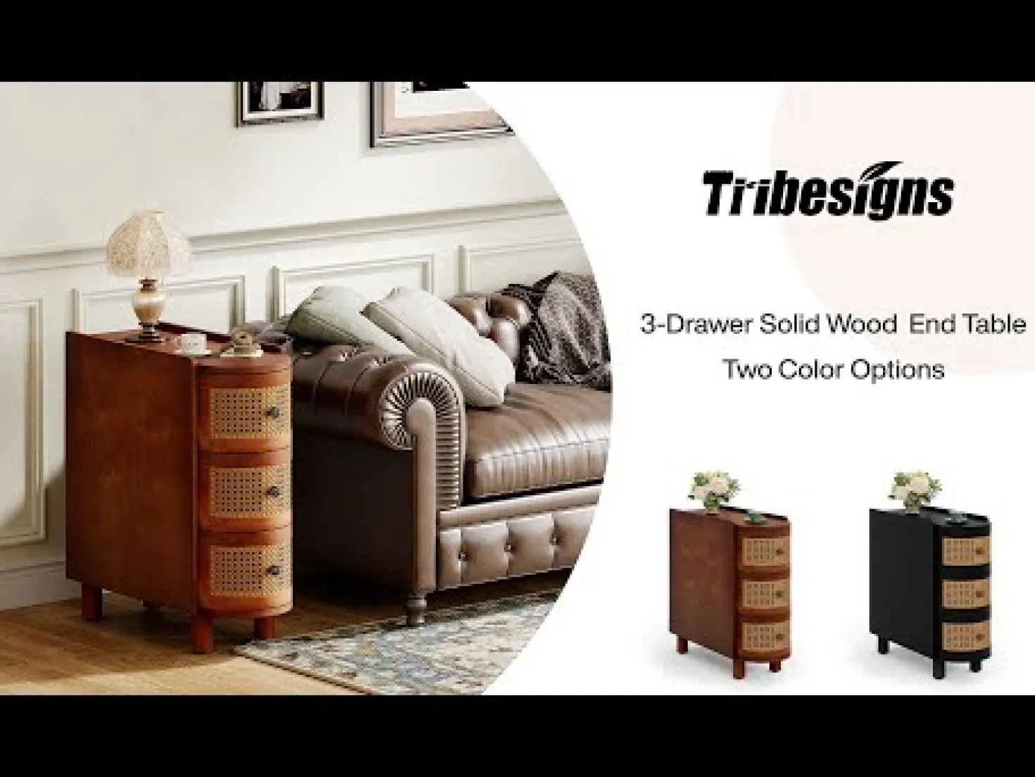 Wood End Table, 3-Drawer Side Table NightStand with 3 Rattan Drawers