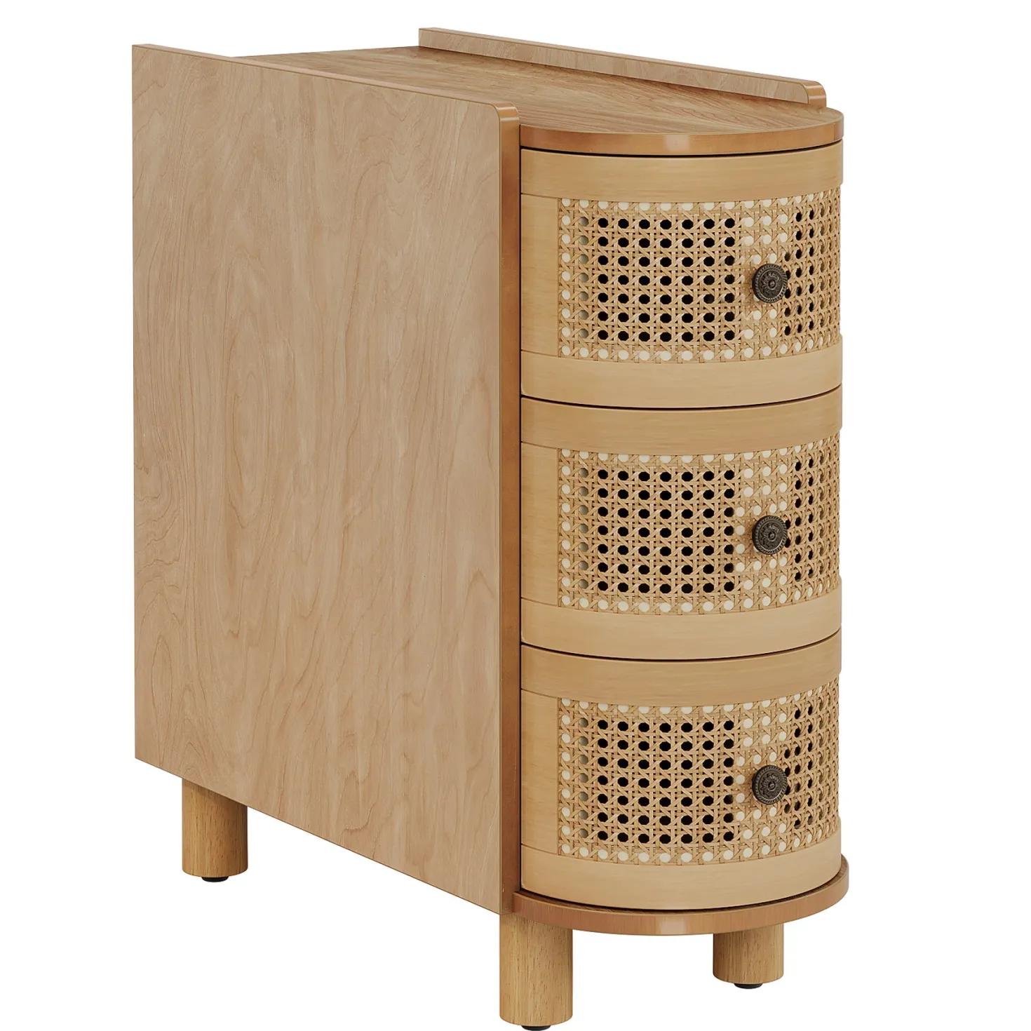 Wood End Table, 3-Drawer Side Table NightStand with 3 Rattan Drawers