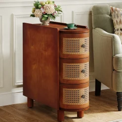 Wood End Table, 3-Drawer Side Table NightStand with 3 Rattan Drawers