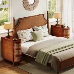 Wood End Table, 3-Drawer Side Table NightStand with 3 Rattan Drawers