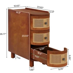 Wood End Table, 3-Drawer Side Table NightStand with 3 Rattan Drawers
