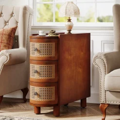 Wood End Table, 3-Drawer Side Table NightStand with 3 Rattan Drawers