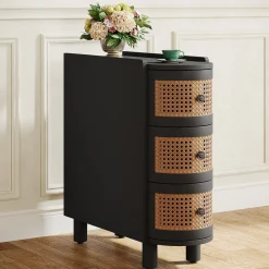 Wood End Table, 3-Drawer Side Table NightStand with 3 Rattan Drawers