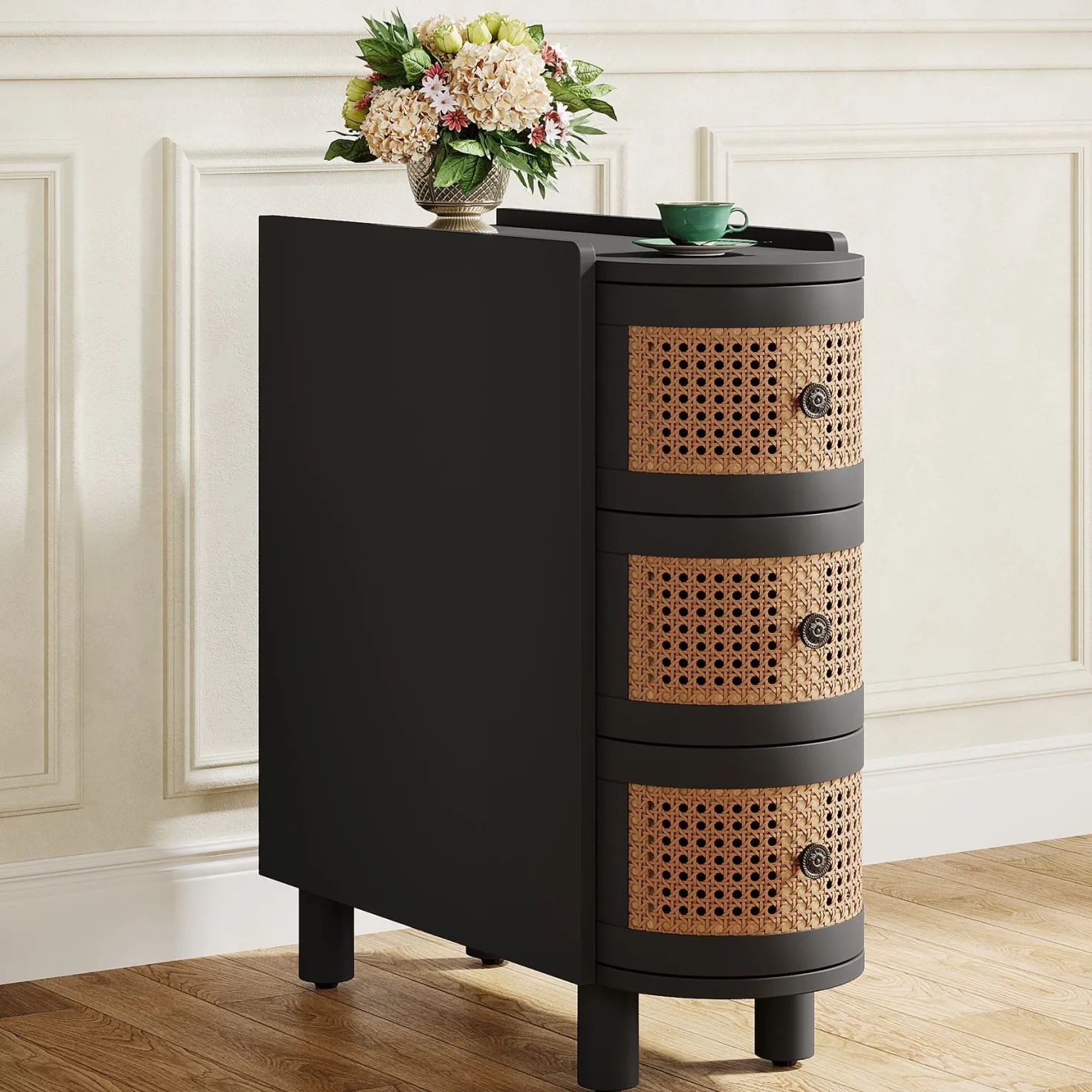 Wood End Table, 3-Drawer Side Table NightStand with 3 Rattan Drawers