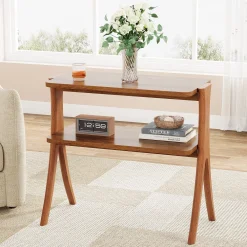 Wood End Table, Farmhouse Side Table with 2-Tier Storage Shelf