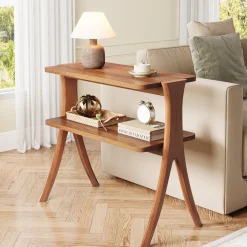 Wood End Table, Farmhouse Side Table with 2-Tier Storage Shelf