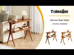 Wood End Table, Farmhouse Side Table with 2-Tier Storage Shelf