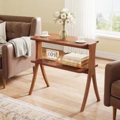 Wood End Table, Farmhouse Side Table with 2-Tier Storage Shelf