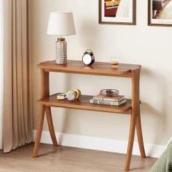Wood End Table, Farmhouse Side Table with 2-Tier Storage Shelf