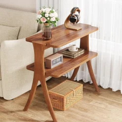 Wood End Table, Farmhouse Side Table with 2-Tier Storage Shelf