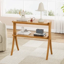 Wood End Table, Farmhouse Side Table with 2-Tier Storage Shelf