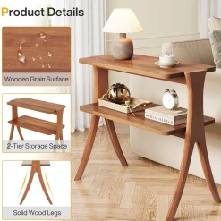 Wood End Table, Farmhouse Side Table with 2-Tier Storage Shelf