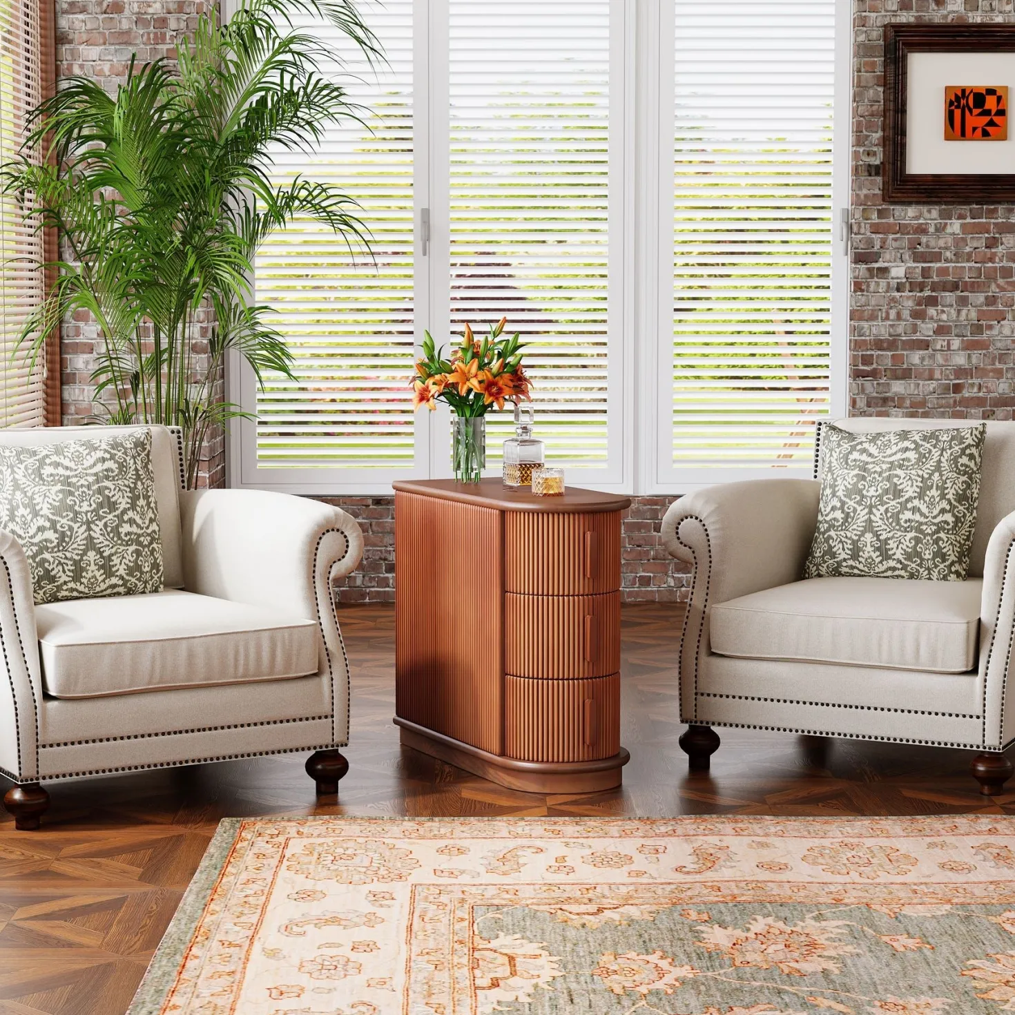 Wood End Table, Narrow Side Table Nightstand with 3-Drawer