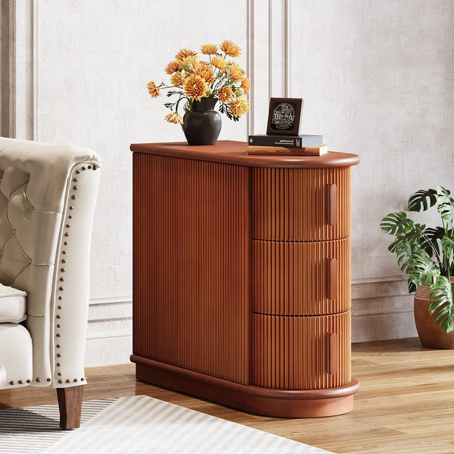 Wood End Table, Narrow Side Table Nightstand with 3-Drawer