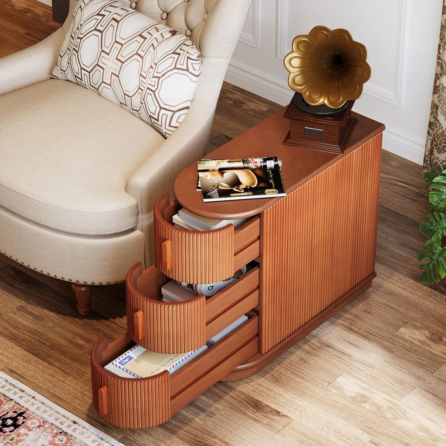 Wood End Table, Narrow Side Table Nightstand with 3-Drawer