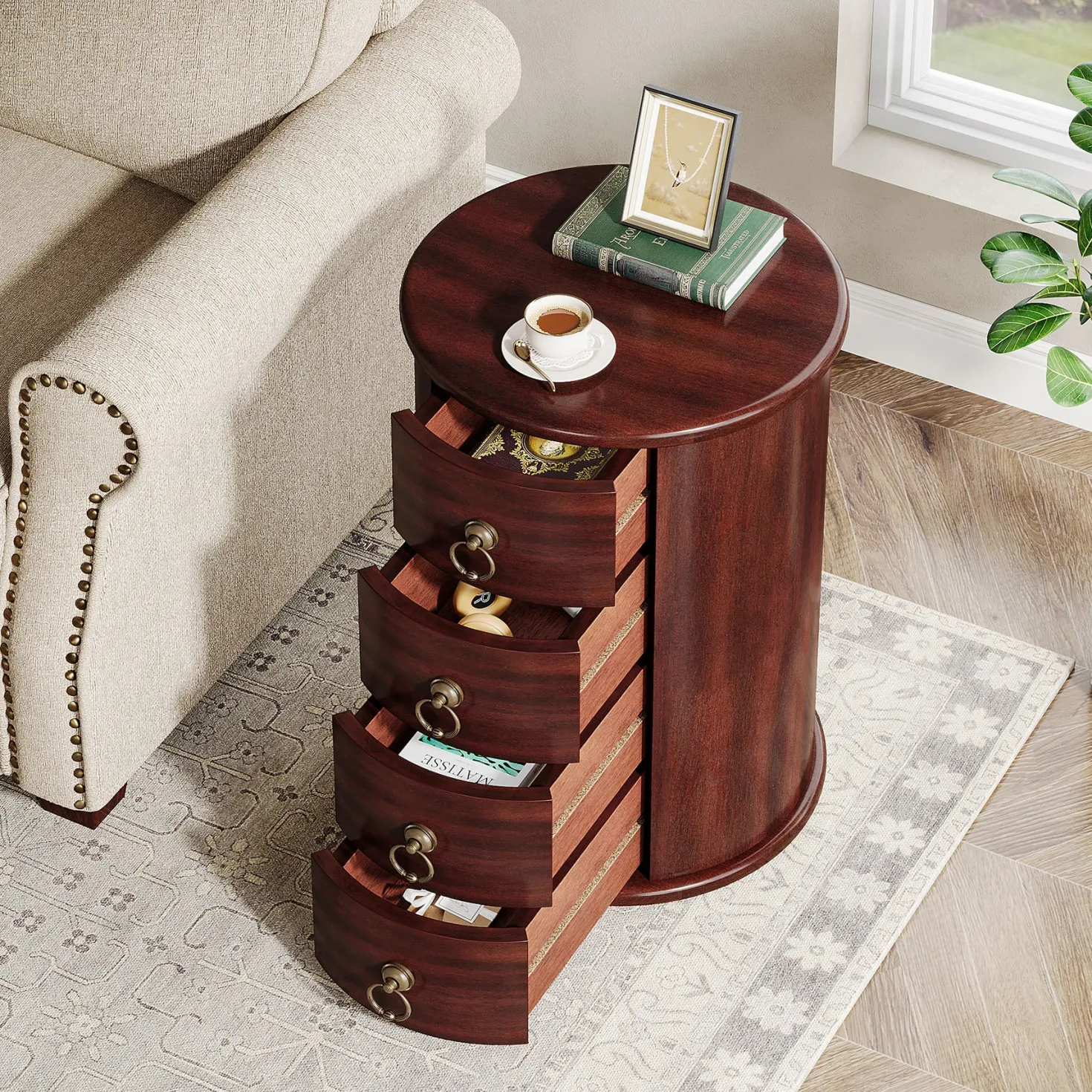 Wood End Table, Round Side Table With 4 Drawers(No Assembly Required)