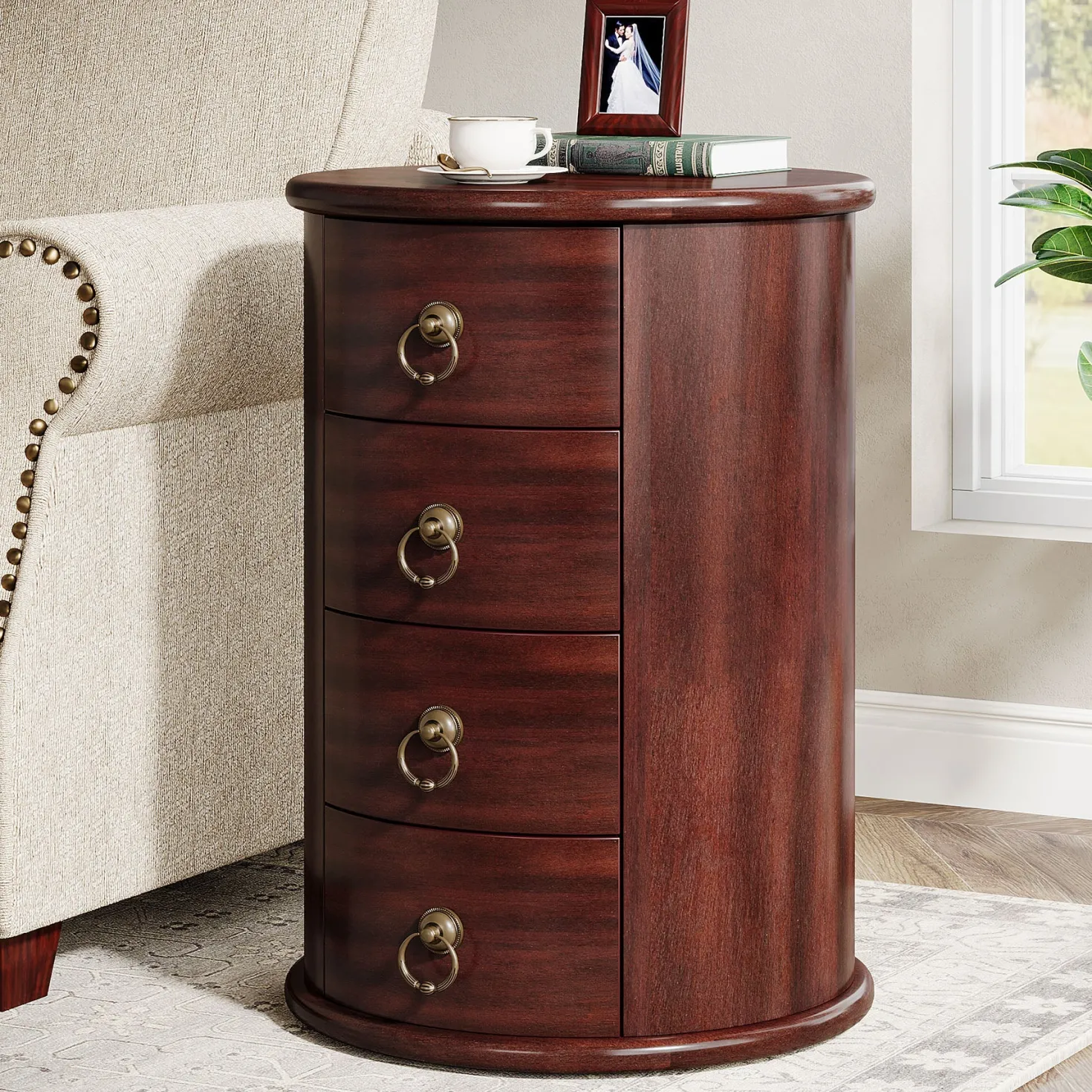 Wood End Table, Round Side Table With 4 Drawers(No Assembly Required)