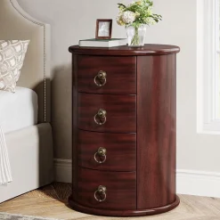Wood End Table, Round Side Table With 4 Drawers(No Assembly Required)