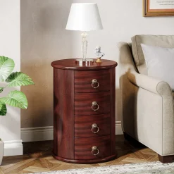 Wood End Table, Round Side Table With 4 Drawers(No Assembly Required)