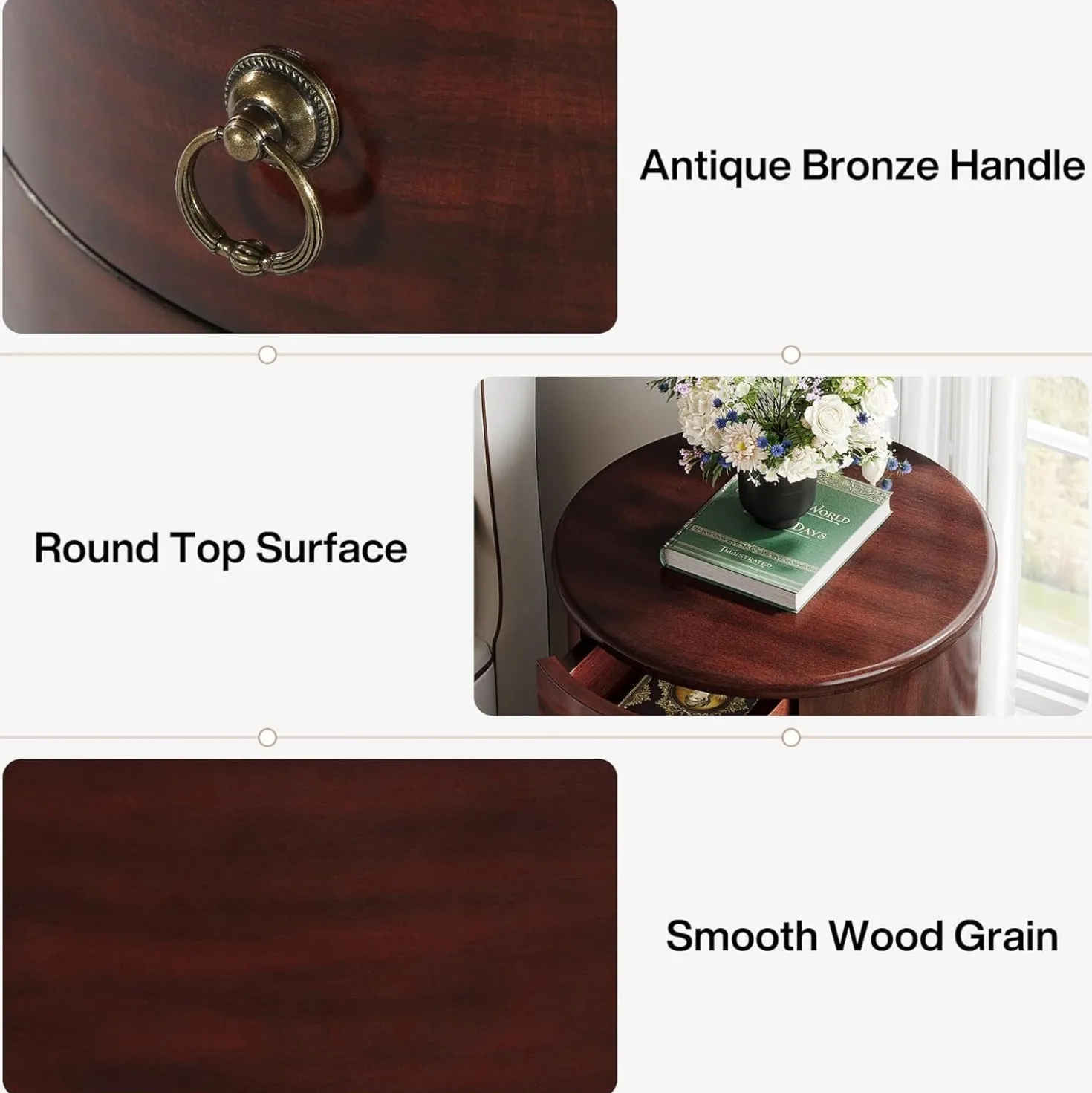 Wood End Table, Round Side Table With 4 Drawers(No Assembly Required)