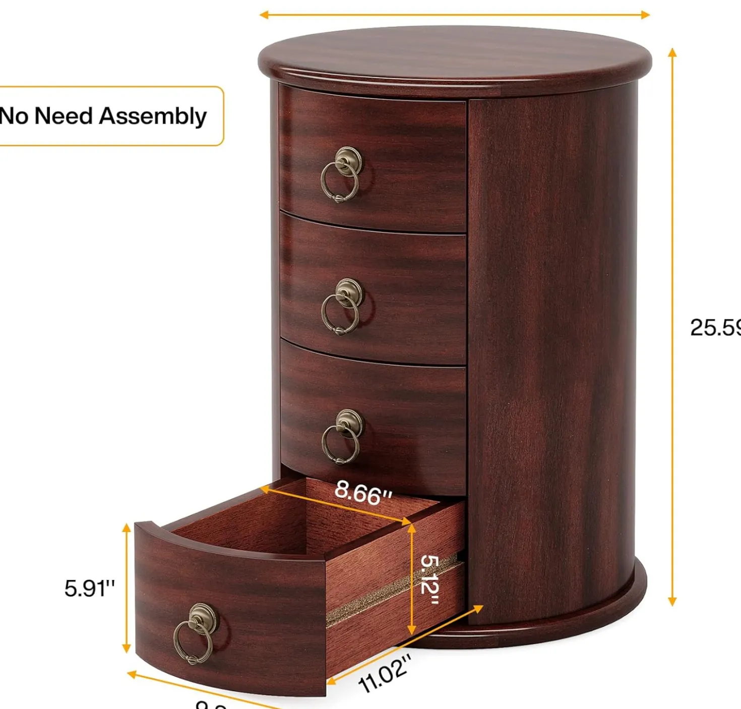 Wood End Table, Round Side Table With 4 Drawers(No Assembly Required)