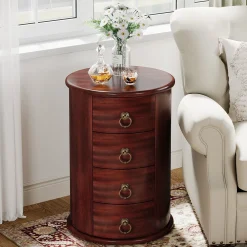 Wood End Table, Round Side Table With 4 Drawers(No Assembly Required)