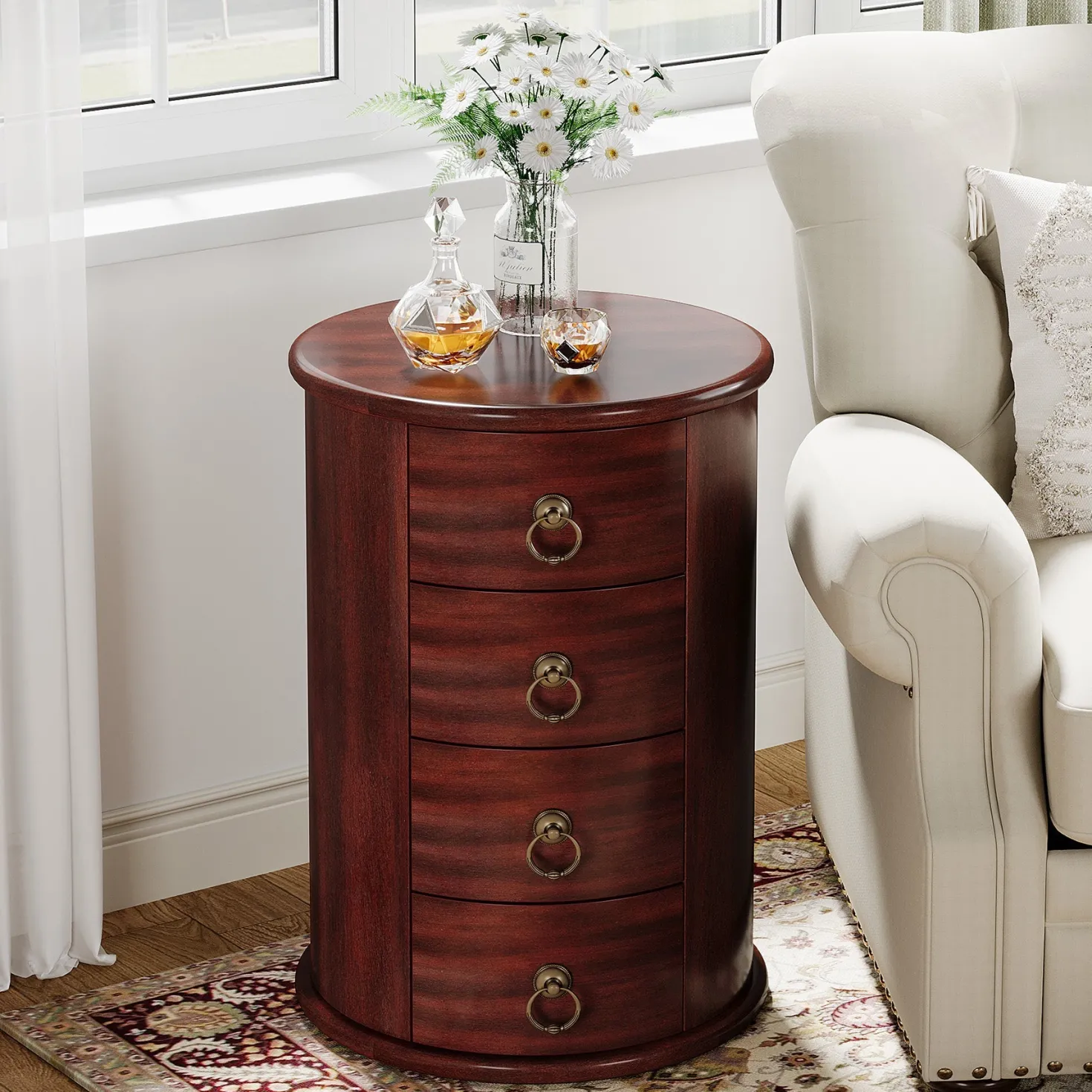 Wood End Table, Round Side Table With 4 Drawers(No Assembly Required)