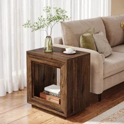 Wood End Table, Square Side Table Nightstands with Storage