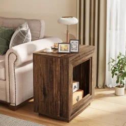 Wood End Table, Square Side Table Nightstands with Storage