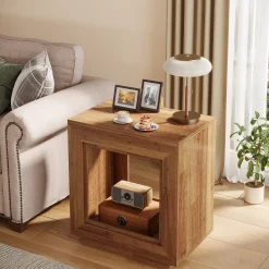 Wood End Table, Square Side Table Nightstands with Storage