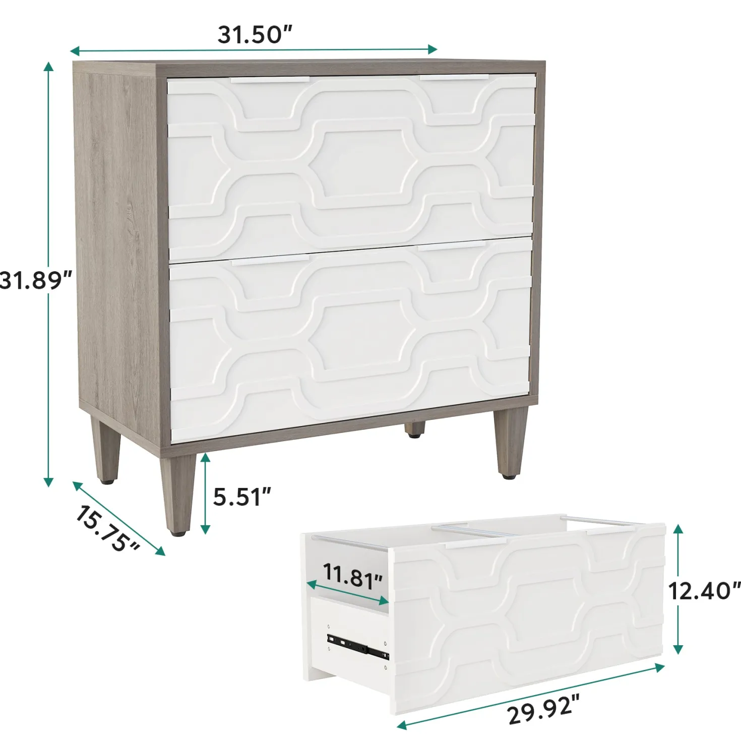 Wood File Cabinet, 2-Drawer Storage Cabinet for A4/Letter/Legal Size