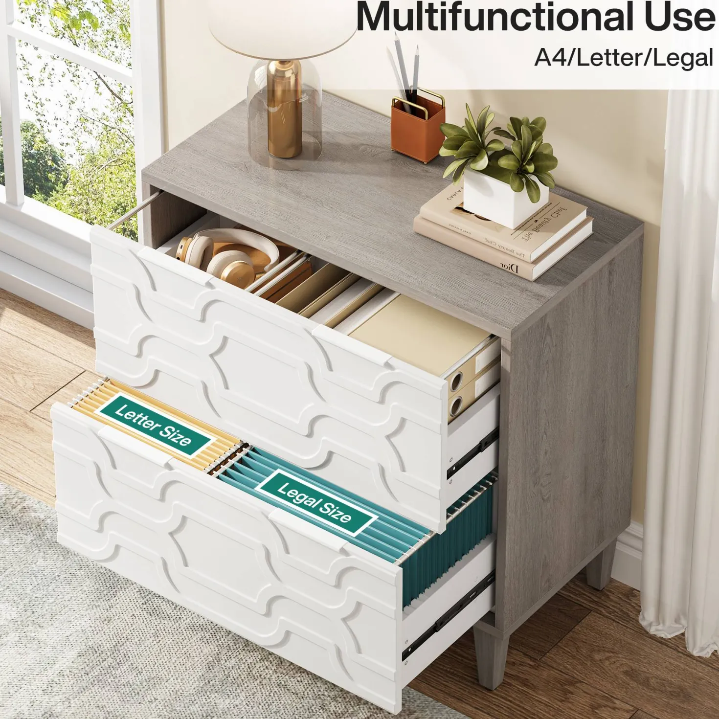 Wood File Cabinet, 2-Drawer Storage Cabinet for A4/Letter/Legal Size
