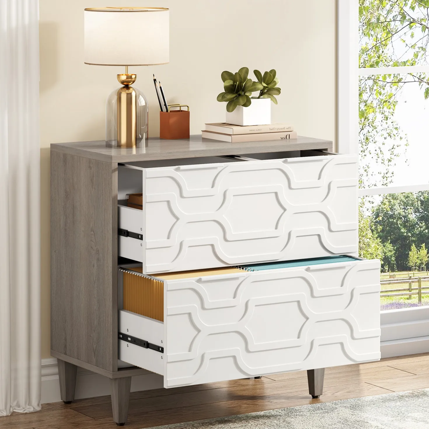 Wood File Cabinet, 2-Drawer Storage Cabinet for A4/Letter/Legal Size