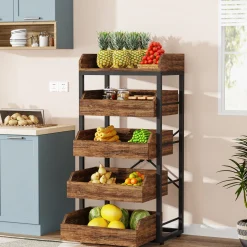 Wood Fruit and Vegetable Storage Rack Basket Stand with 5 Drawers