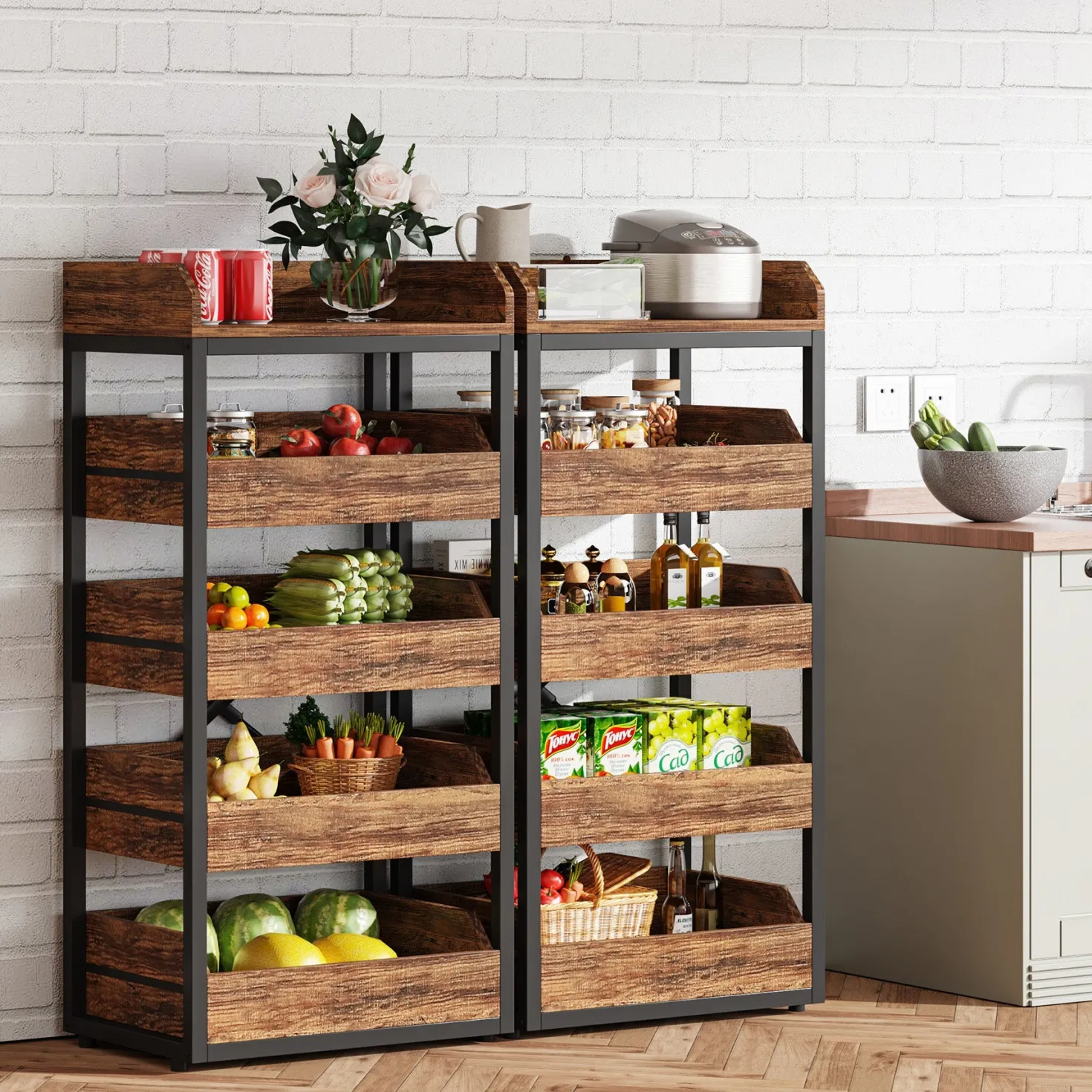 Wood Fruit and Vegetable Storage Rack Basket Stand with 5 Drawers