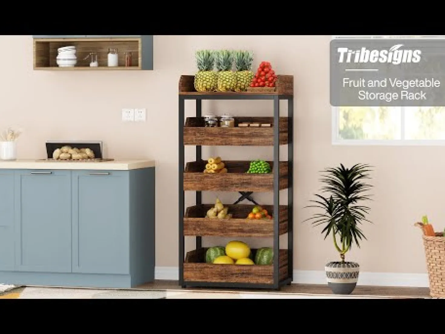 Wood Fruit and Vegetable Storage Rack Basket Stand with 5 Drawers