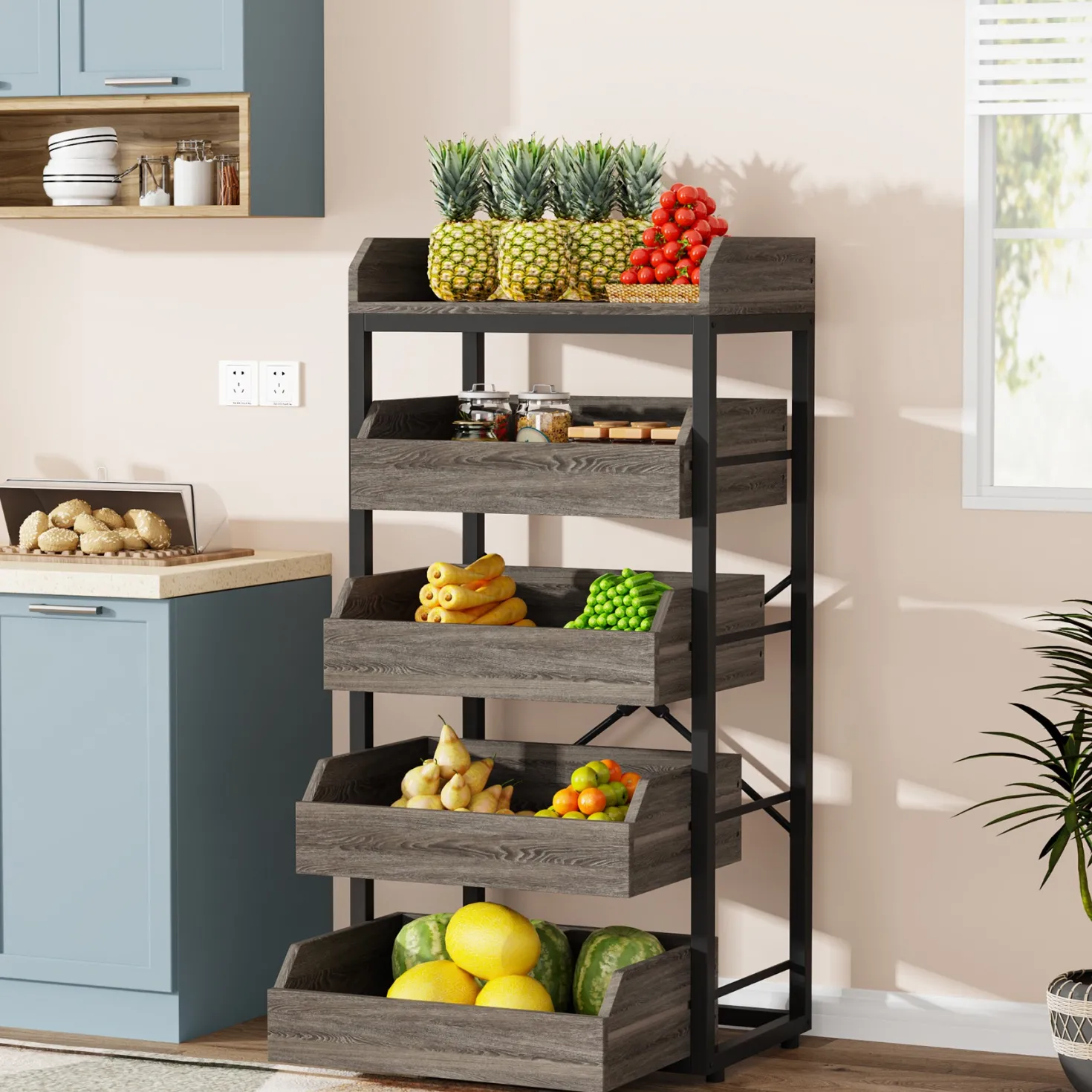 Wood Fruit and Vegetable Storage Rack Basket Stand with 5 Drawers