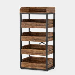 Wood Fruit and Vegetable Storage Rack Basket Stand with 5 Drawers