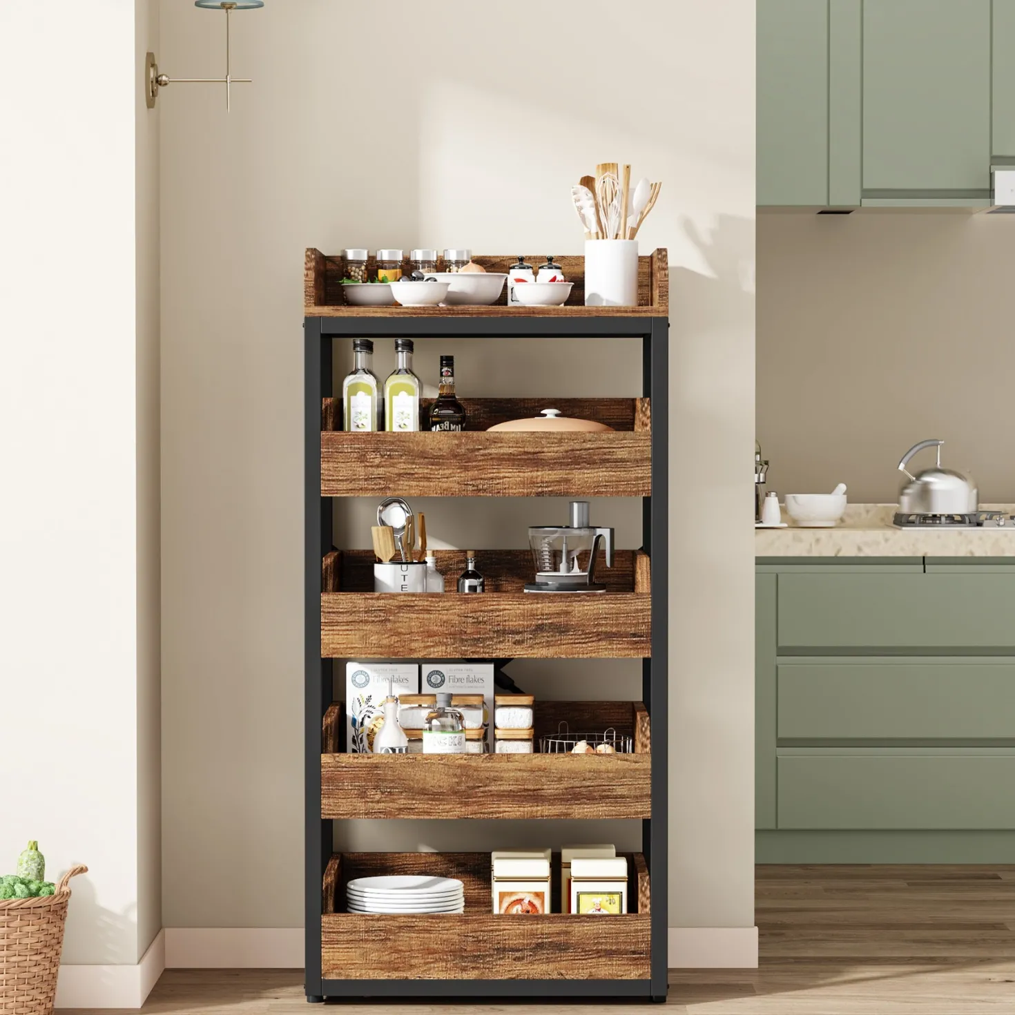 Wood Fruit and Vegetable Storage Rack Basket Stand with 5 Drawers