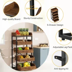 Wood Fruit and Vegetable Storage Rack Basket Stand with 5 Drawers