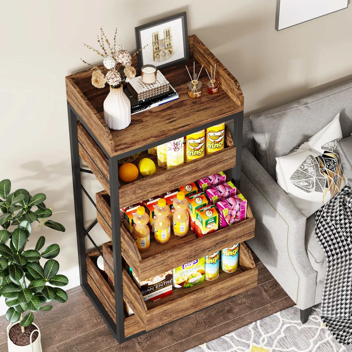 Wood Fruit and Vegetable Storage Rack Basket Stand with 5 Drawers
