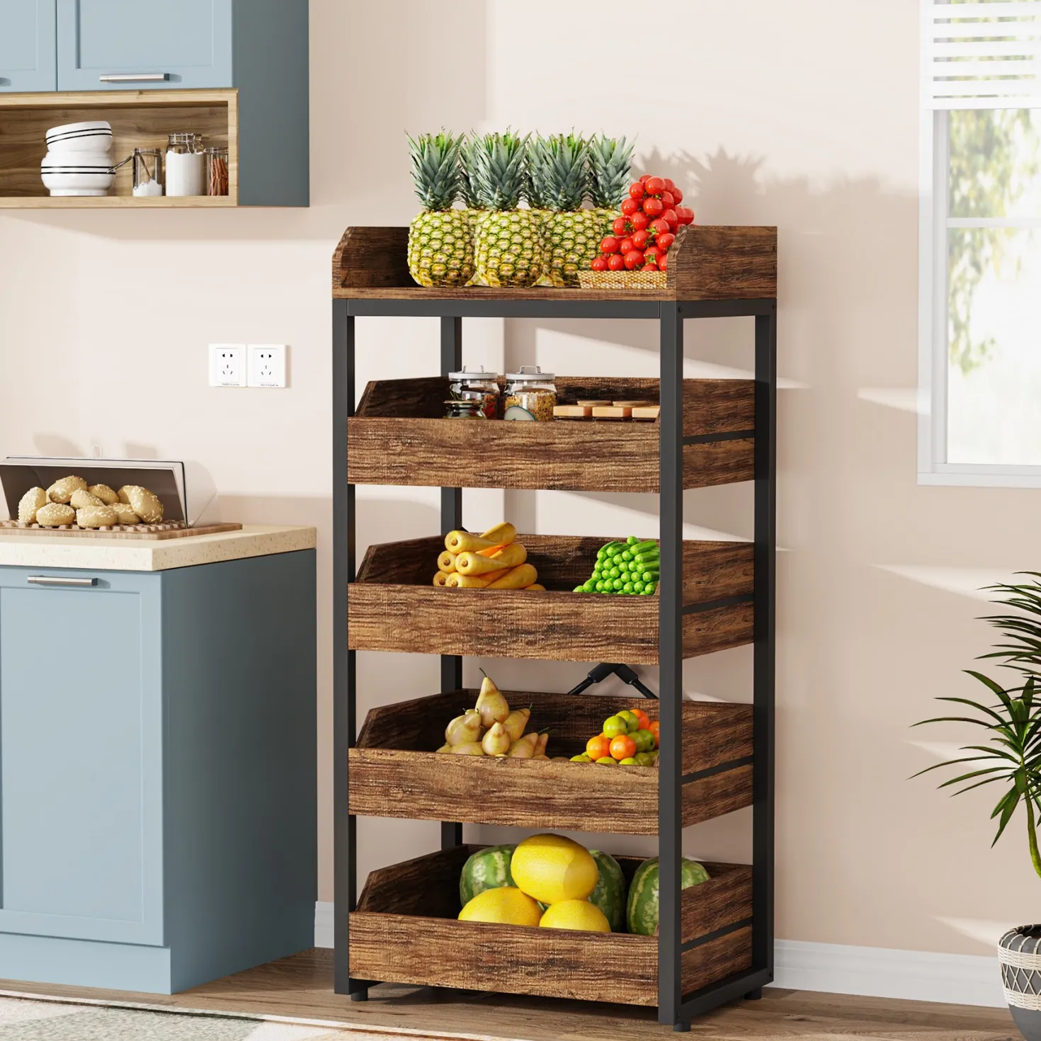 Wood Fruit and Vegetable Storage Rack Basket Stand with 5 Drawers
