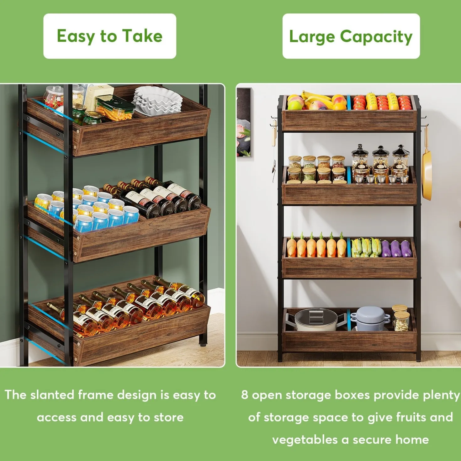 Wood Fruit Vegetable Storage Rack Stand, 4-Tier Storage Organizer