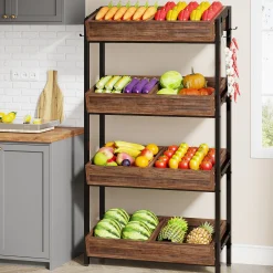 Wood Fruit Vegetable Storage Rack Stand, 4-Tier Storage Organizer