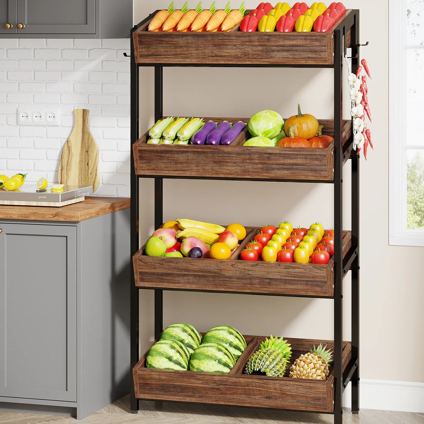 Wood Fruit Vegetable Storage Rack Stand, 4-Tier Storage Organizer